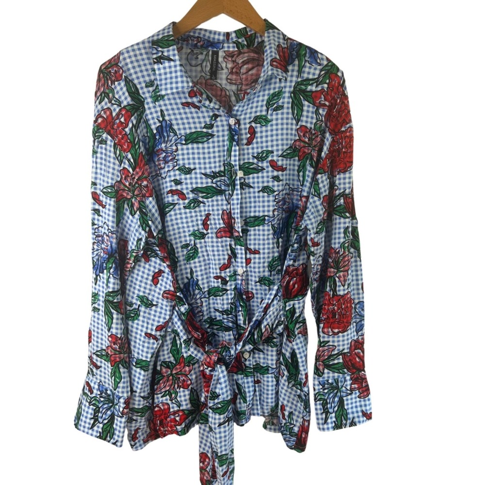 Massini Blouse Floral Gingham Blue Red Tie Waist Long Sleeve Casual Top Sz Large